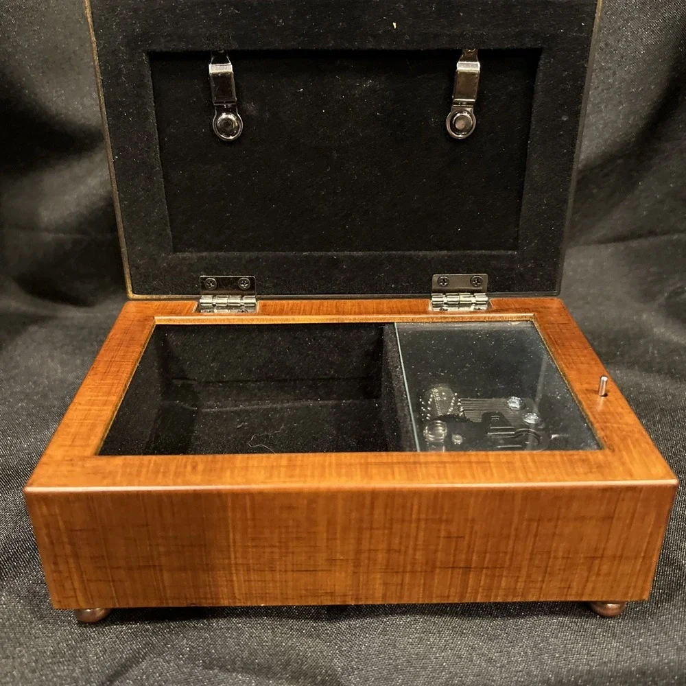 Wooden Music Musical Jewelry Box Glass Picture frame  Hinged Lid Sankyo Movement